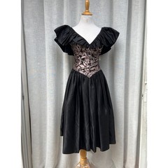 1990&rsquo;s TD4 by Eletra Ruffle Off Shoulder Sleeve Black Flaired Dress