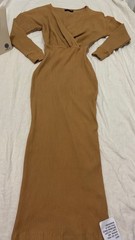 ASOS DESIGN Tan Ribbed Knit V-Neck Long Sleeve Long Sweater Dress Stretch 2