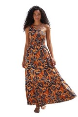 Nine West One-Shoulder Smocked Maxi Dress – Orange & Blue Abstract Print -Small
