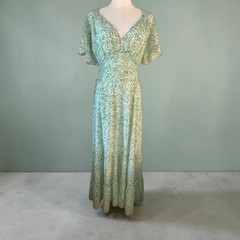 Max Studio Green Botanic Leaf Print Smocked Maxi Dress Tiered Skirt Garden Party