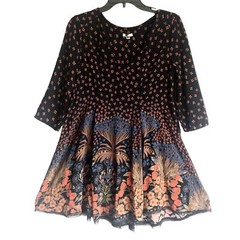 Urban Outfitters Ecote Sz S Dress Black Swing 3/4 Sleeve Floral Boho