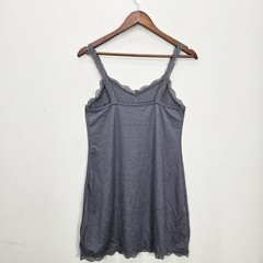 Mini Slip Dress M Gray Ribbed Lace Trim Tank Cami Button Front Whimsigoth Grunge