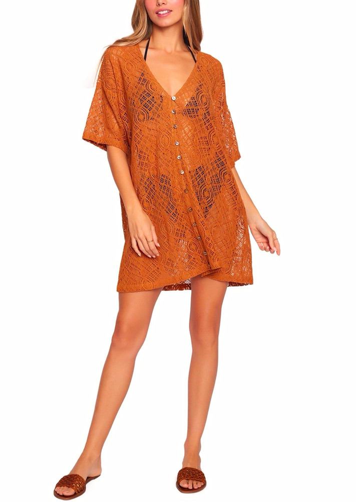 Lost + Wander Brown Lace Button Front Mini Dress S