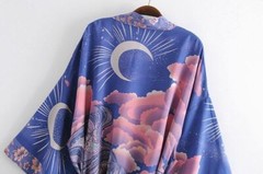 Pink Purple Floral Moon Sky Cloud Print Boho Short Kimono Batwing Sleeve Robe