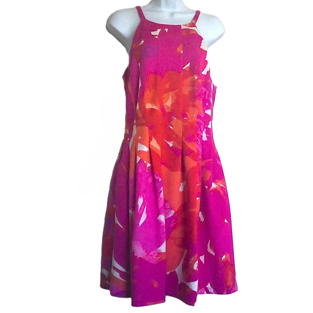 Vince Camuto Dress Fit & Flare Sleeveless Pink Orange & White Lined Stretch 14