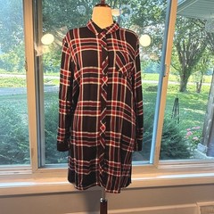 BLL nyc Red Navy Plaid Button Down Roll Tab Sleeve Shirt Dress XL Grunge 90s