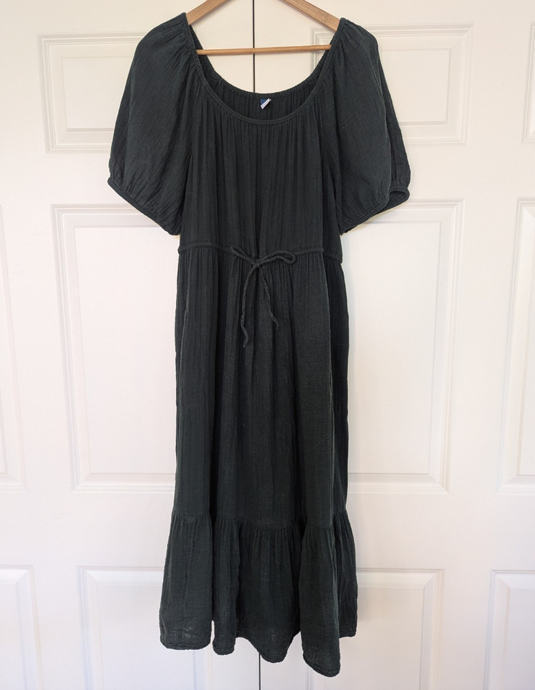 Old Navy Green Solid Cotton Puff Short Sleeve Tiered Midi Dress Pockets L