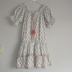 NIBI-MTK Mini Dress M Cream BlockPrint Floral Tiered PuffSleeve Drop Waist Boho