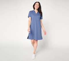 Denim & Co Active French Terry Collared Dress Indigo Petite XS