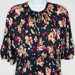 Kate Spade Floral Midi Dress S Black Multi Peasant Tiered Flowers Animals Flowy