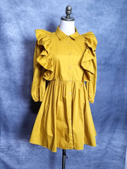 ZARA Mustard Yellow Voluminous Ruffled Poplin Mini Shirt Dress Boho Chic Size S