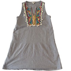 Love Fire Womens Small Blue White Striped Embroidered Pom Pom Shift Dress S/P
