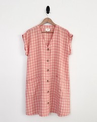 Lou & Grey Medium Pink Ivory Multi 100% Linen Gingham Button Front Dress NWOT