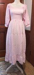Uimlk Size Small Boho Flowing Long Dress Pink & White Checks Ruffles 49&Prime; L