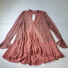 Free People Dress Womens Large Pink Lace Trapeze Mini Bell Sleeve Sheer Boho