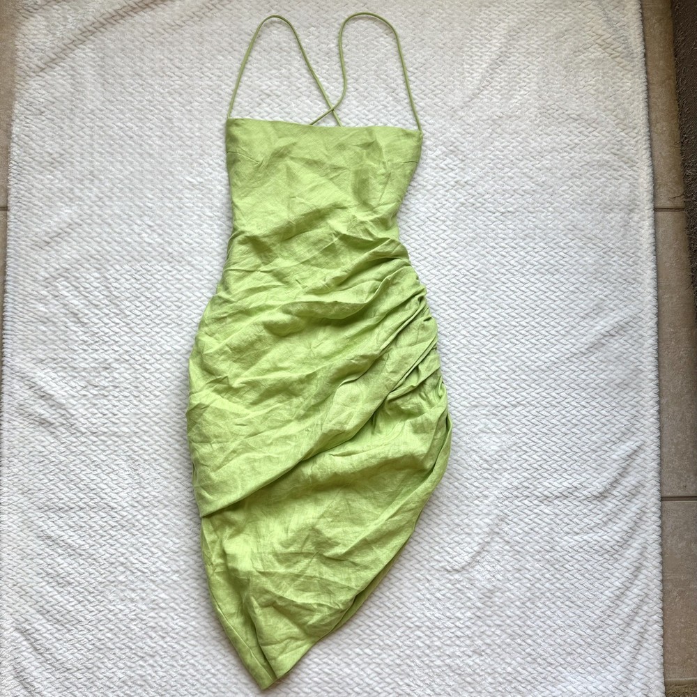 Linen Asymmetrical Mini Dress M L Lime Green Open Back Strappy Ruched Draped