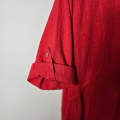 Francesca Bettini Size S Linen Cotton Blend Henley Red Midi Dress Roll-Tab Sleev