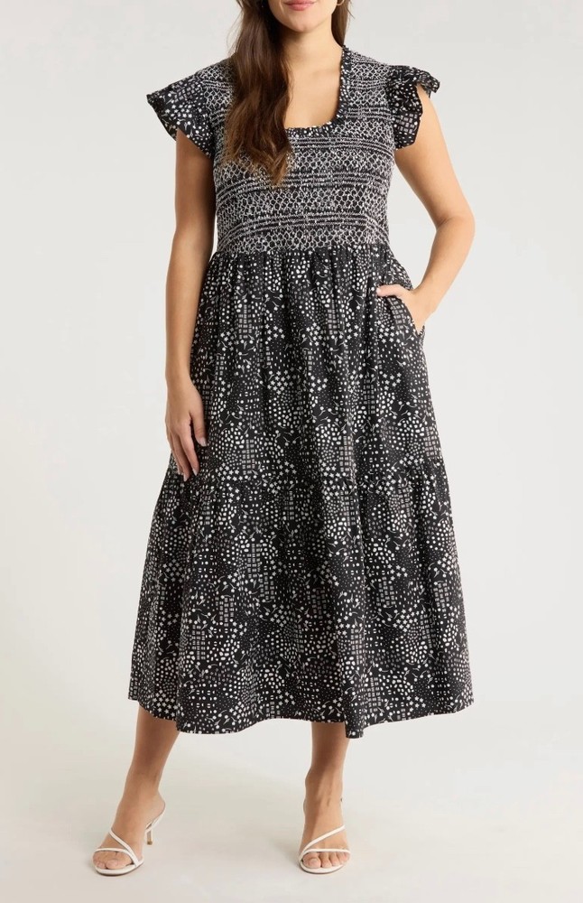 NWT, Sugarlips, Larsa Geometric Print Smocked Dress, Black and White, Size S