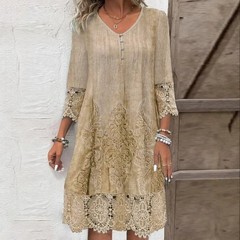2026 Summer New Women&rsquo;s Casual Solid Color V-neck Lace Lace Loose Dress