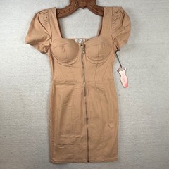 Haute Monde tan Corset Front Dress Puff Sleeve Mini steampunk bodycon milkmaid