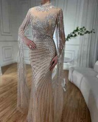 Mermaid Angular Sleeve Lace Bead Evening Dress Sweeping Train Prom Ball Gown