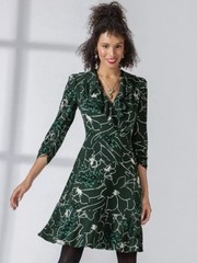 Cabi Ruffle Up Wrap Dress Green White Floral Size M Long Sleeve Ruffle Womens