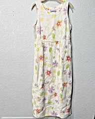 Real Comfort Dress Womens 10 White Floral Linen Midi Sleeveless Cottagecore USA