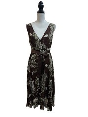 John Paul Richard Wrap Dress Womens Large Brown Floral Pleated Tie Waist V Neck