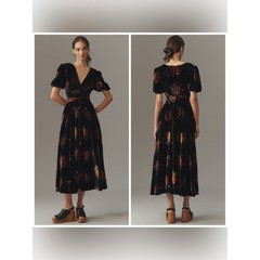Anthropologie Katerina Button Front Dress Velvet Black Floral Medium