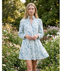 Tuckernuck Womens Jardin De Fleurs Crinkle Palmerston Dress Medium White Blue