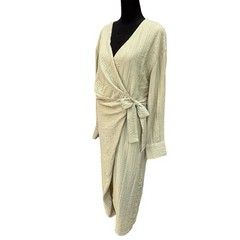 Zara Wrap Dress Fall Long Sleeve Textured Neutral Tan Midi Ankle Minimalist Med