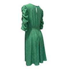 Bobeau Sz M Green Polka Dot Dress, Ruched 3/4 Sleeves, Smocked Waist, Midi, EXC!