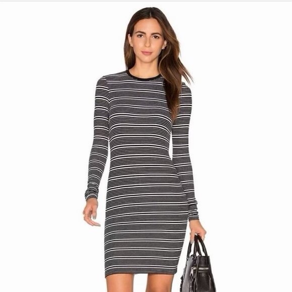 ATM Anthony Thomas Melillo Long-Sleeve Engineered Black White Stripe Rib Dress M