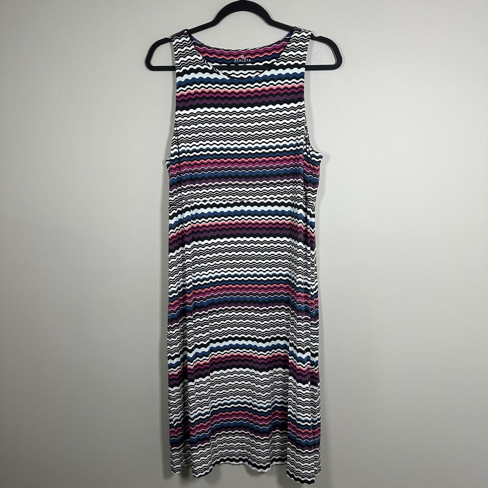 Athleta XLT Black White Multicolor Wavy Stripe Sleeveless Jersey Knit Dress