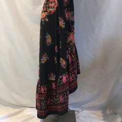 Black floral peacock colorful print short sleeves hi-low maxi dress boho gypsy M