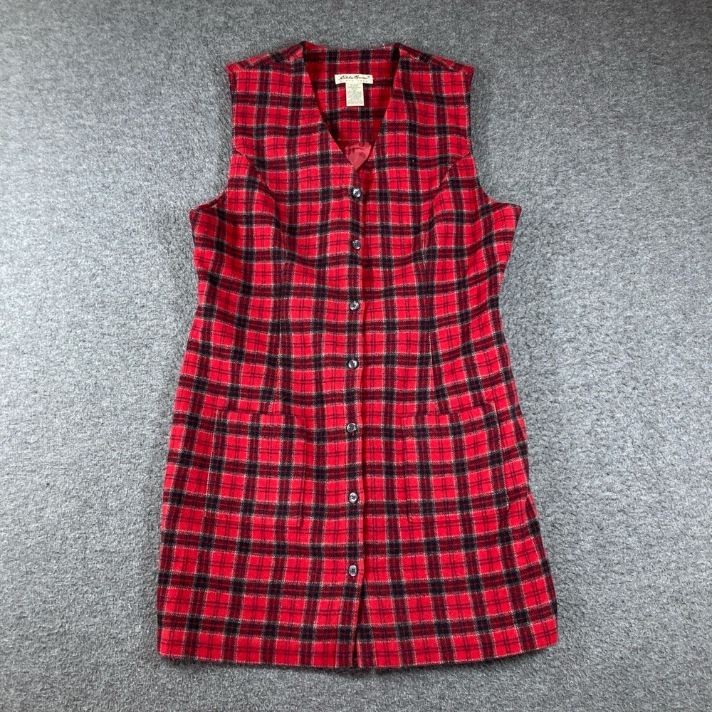 Vintage Eddie Bauer Button Front Shift Dress Womens 12P Red Plaid Wool Nylon