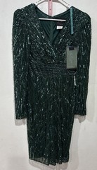 Women’s S Green Sequin Mesh Sheath Dress V-Neck Long Sleeve Zip Knee Party