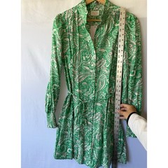 Fate Green Paisley Ruffle Neck Button Front Tiered Mini Dress Small NEW