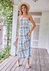 Grace Karin Women&rsquo;s Blue/White Floral Strapless Maxi Dress Long Pullover XL