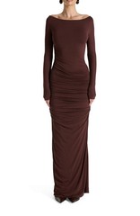 NWT Naked Wardrobe Maxi Dress Brown S Off the Shoulder Body Con Sheer Sleeves