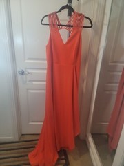 Halston Heritage Dress Multi Strap Sleeve V-Neck Gown With Flows Skirt