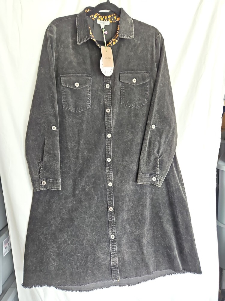 Umgee NWT Black Mineral Wash Corduroy Shirt Dress Small Button Front Raw Hem Tun
