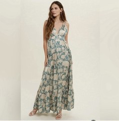 Wishlist Apparel Green/Beige Floral Maxi Dress L V-Neck Adjustable Straps