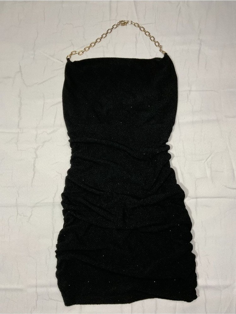 BCX Black Strapless Ruched Mini Dress with Gold Chain Strap