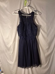 BCX Dress Sleeveless Navy Blue Lace Bodice with Sequins and Chiffon Skirt