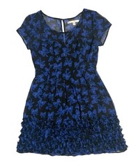 Lauren Conrad Black Pleated Ruffle Hem Dress Blue Bow Print SZ 8 Cap Sleeve #459