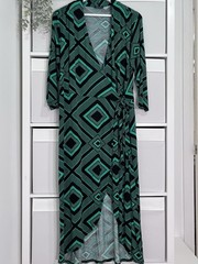 Roman Jersey Maxi Wrap Dress Size 16 Geometric Green/Black 3/4 Sleeve