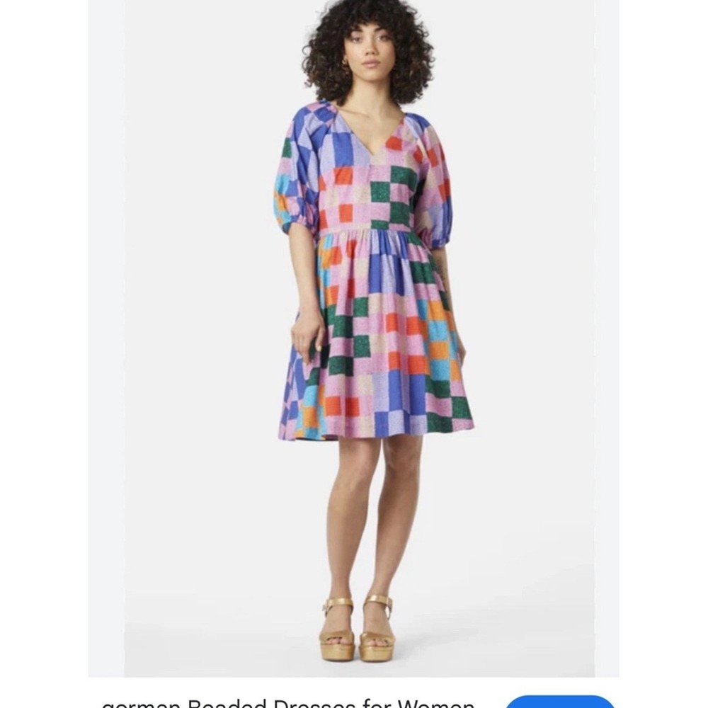 Gorman Patchwork Geometric Organic Cotton Mini Dress Size 18 Puff Sleeve Dress
