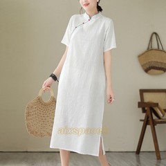 Womens Cotton Linen Stand Collar Short Sleeves Qipao Dress Summer Long Cheongsam
