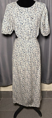 Women&rsquo;s White/Blue Floral Maxi Dress S/M Short Sleeve Cut-Out Tie Back